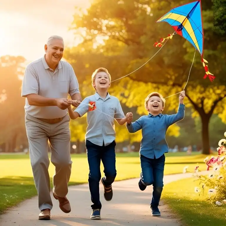 grandfather son and son flying a kite